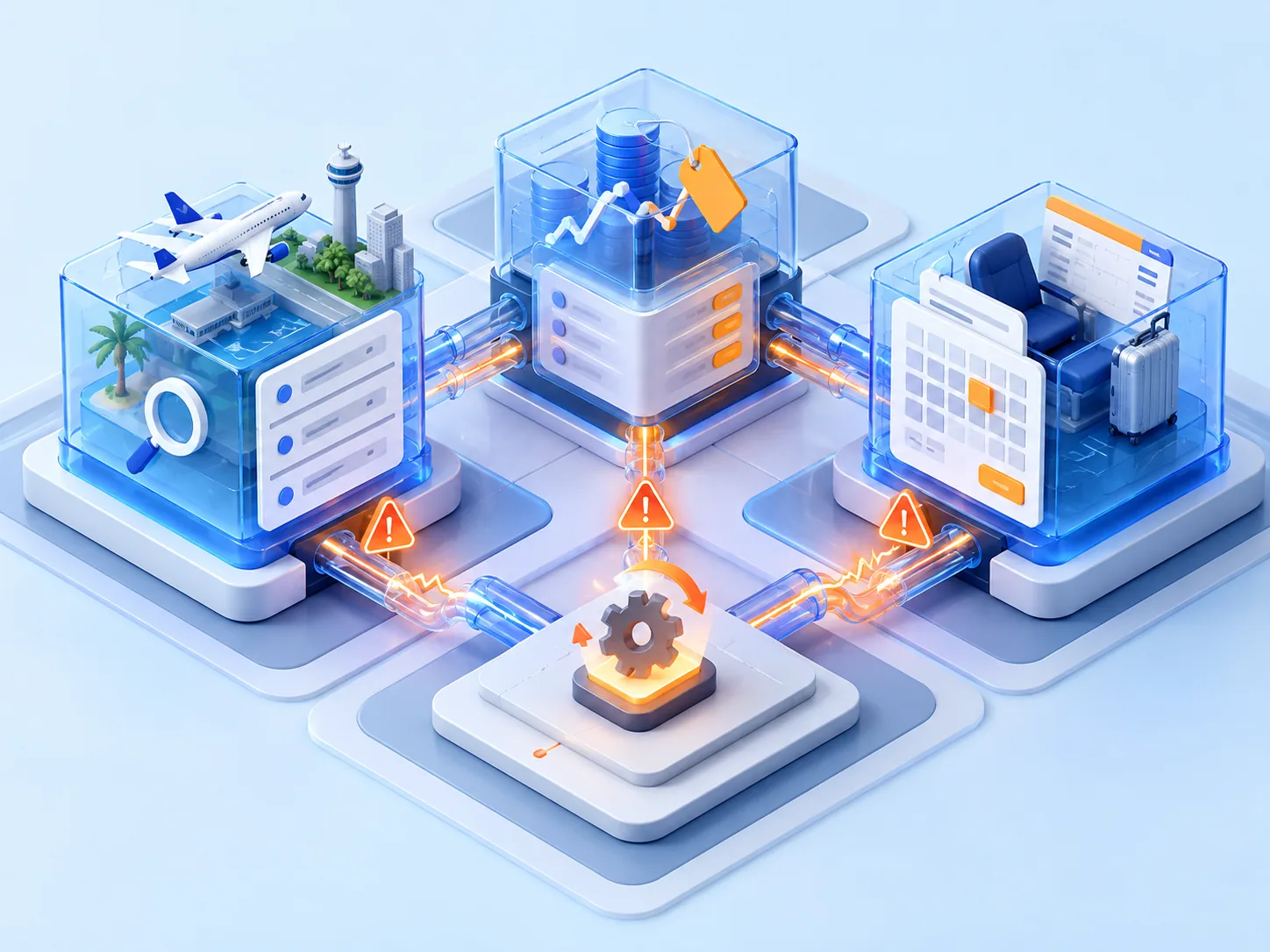 Conceptual illustration: A travel platform roadmap constrained by tightly coupled search, price and booking components; changing one module visibly disrupts the others before release.