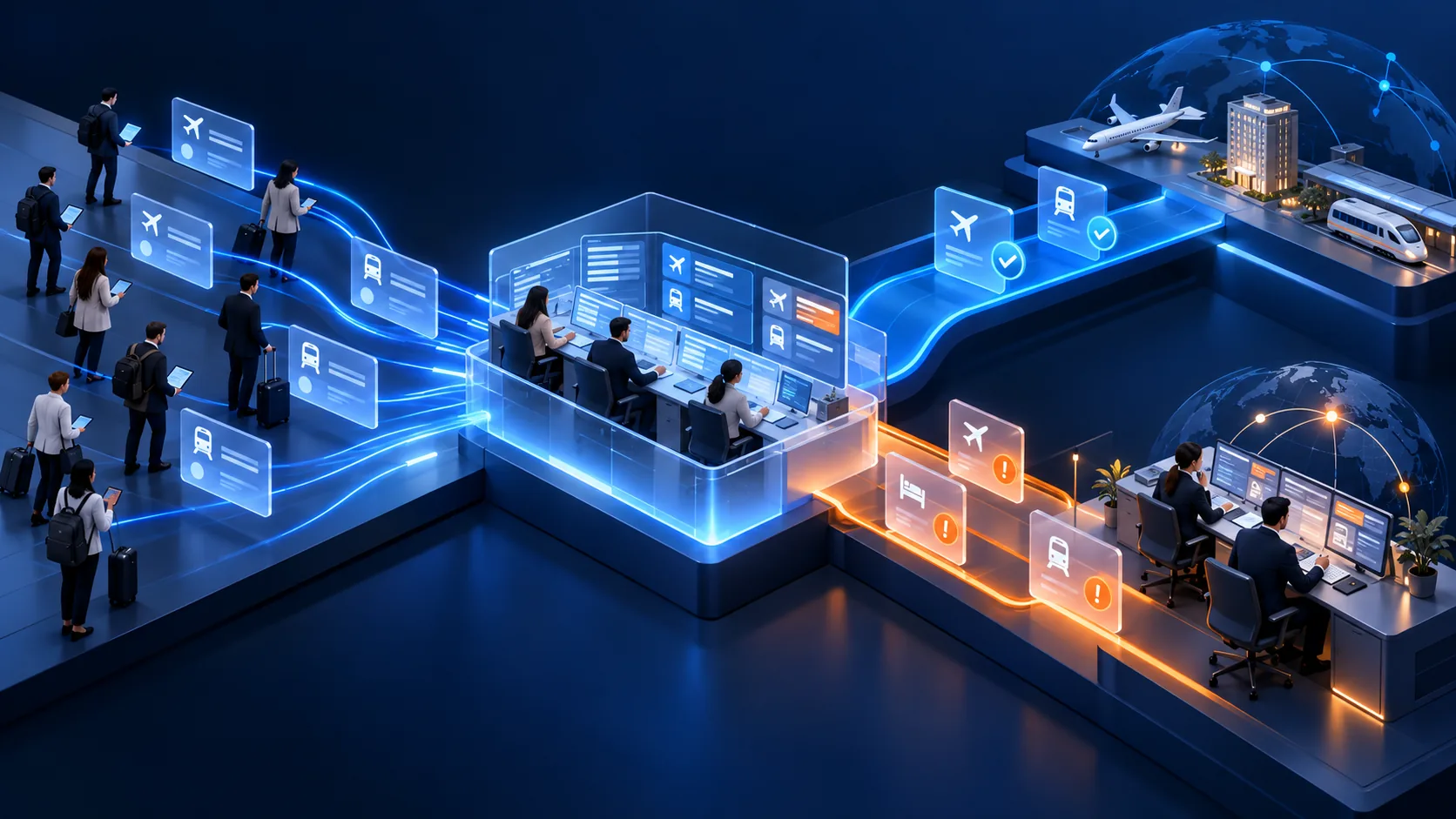 Conceptual illustration: Corporate travel-management operation at scale, with many business travel requests flowing through a central booking workbench into routine in-policy bookings and exceptional trips awaiting a human travel manager.