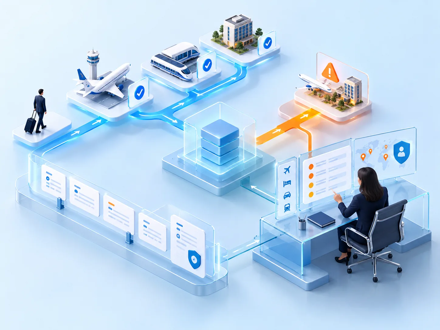 Conceptual illustration: A controlled corporate travel workflow where policy-simple bookings move through automation while a travel manager reviews the few complex exceptions, with clear audit and duty-of-care boundaries.