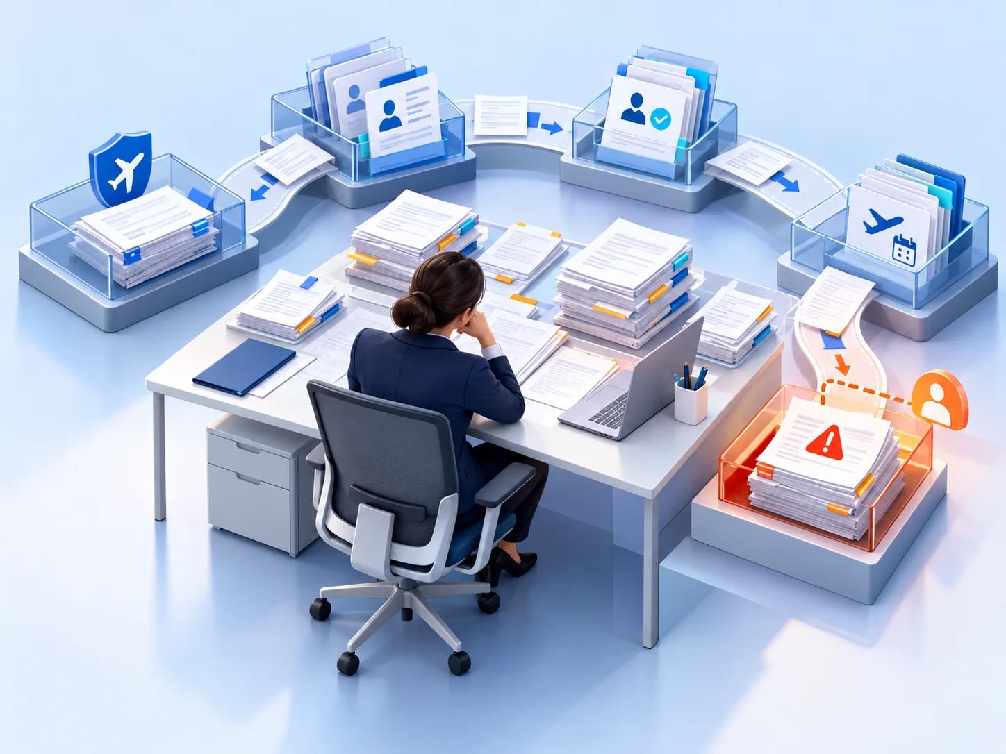 Conceptual illustration: A busy corporate travel desk facing thousands of duplicated manual handoffs: policy checks, traveller profiles, approvals and booking changes sit in separate work queues, with one clearly blocked exception.