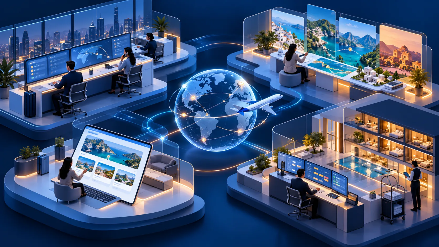 Conceptual illustration: Four distinct travel operating environments arranged as one editorial panorama: corporate travel desk, destination itinerary studio, online booking platform and hotel operations center, with no generic travel icons.