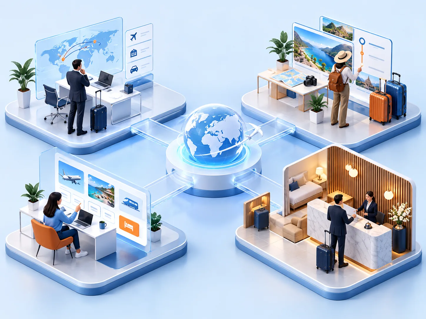 Conceptual illustration: Four carefully separated solution workspaces for corporate travel, tour operations, online travel and hotels, each with a visible human decision point.