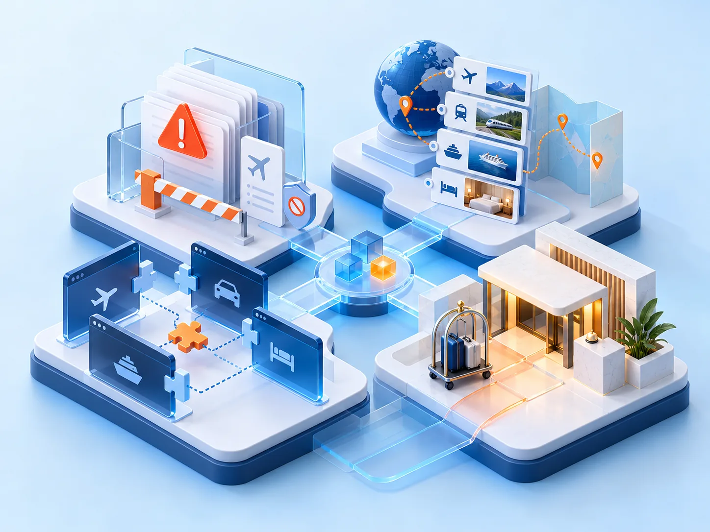 Conceptual illustration: A comparative workbench showing four different operational bottlenecks: policy exception, bespoke itinerary assembly, fragmented platform release and hotel handoff; each remains visually distinct.