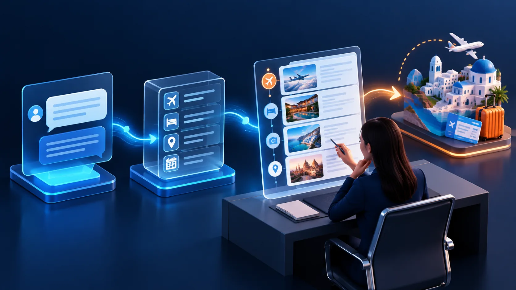 Conceptual illustration: Editorial illustration of a travel enquiry becoming structured trip details and a draft itinerary, with an explicit human consultant review step.