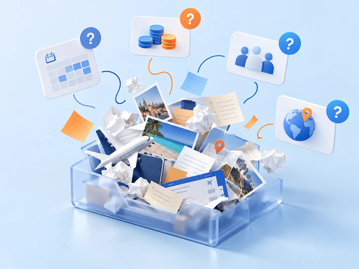 Conceptual illustration: A messy inbound travel request whose dates, budget, party and destination details need defining before any useful automation can begin.