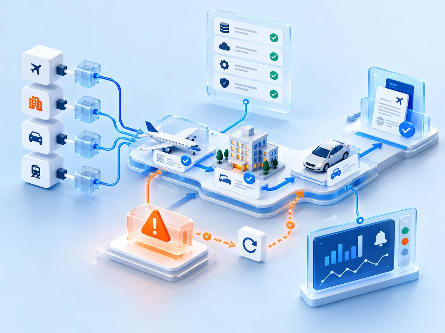 Conceptual illustration: A complete integration checklist embodied as tested adapters, environment validation, error handling and monitoring around the full travel-order journey.