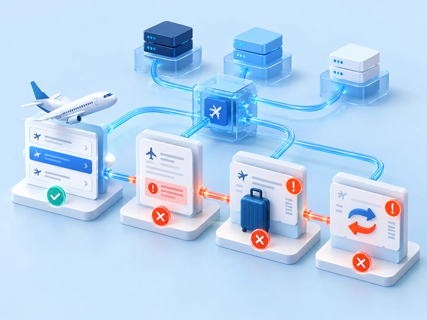 Conceptual illustration: A travel supplier API that appears successful at search but breaks at fare rules, order creation and ticket changes, with distinct test environments.
