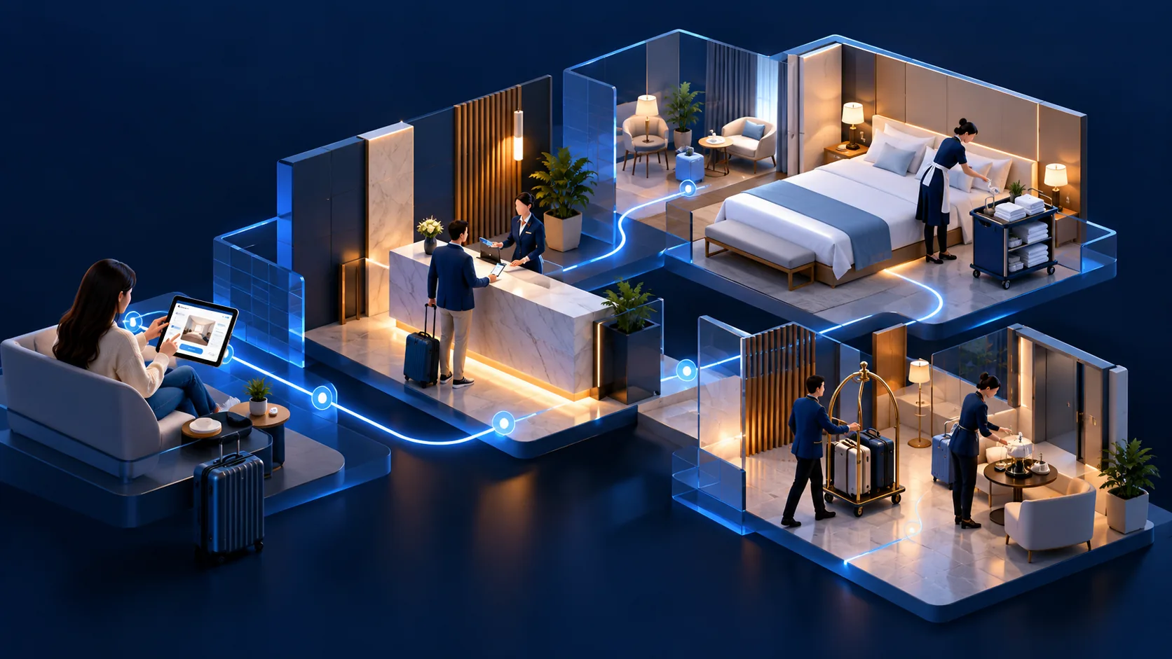 Conceptual illustration: Editorial hotel operations cross-section following one guest detail from reservation to front desk, housekeeping and guest service team.