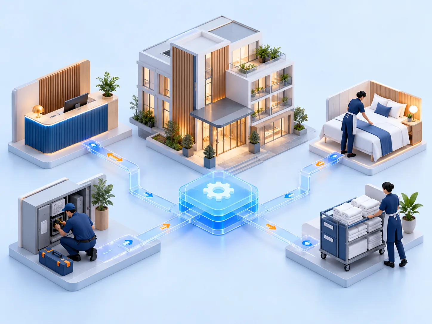Conceptual illustration: A modest hotel automation pilot that removes the largest repeated handoff while preserving property variation and clear staff ownership.