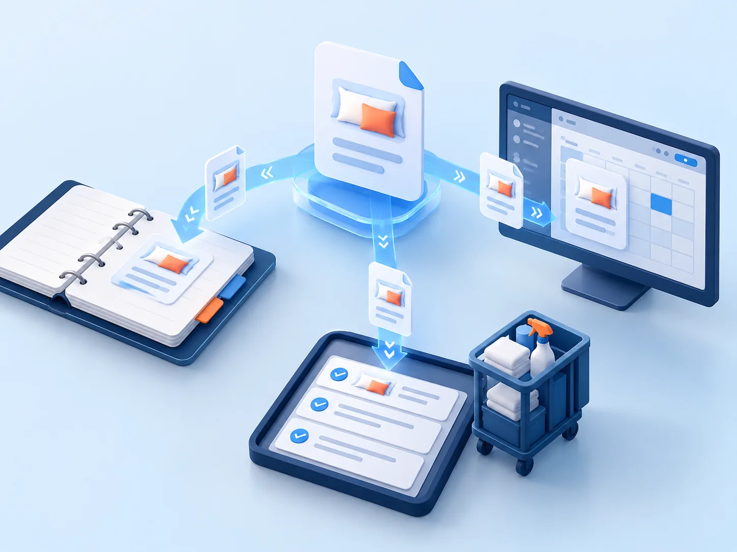 Conceptual illustration: One guest preference copied repeatedly across shift notes, property-management software and service team tasks, exposing distributed duplication.