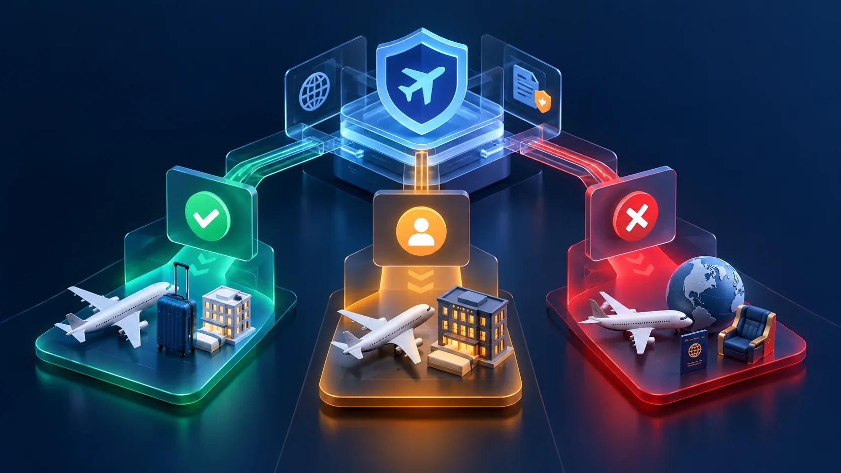 Conceptual illustration: Editorial governed travel AI workflow with three clearly separate lanes: safe routine action, action requiring human approval and action prohibited without escalation.