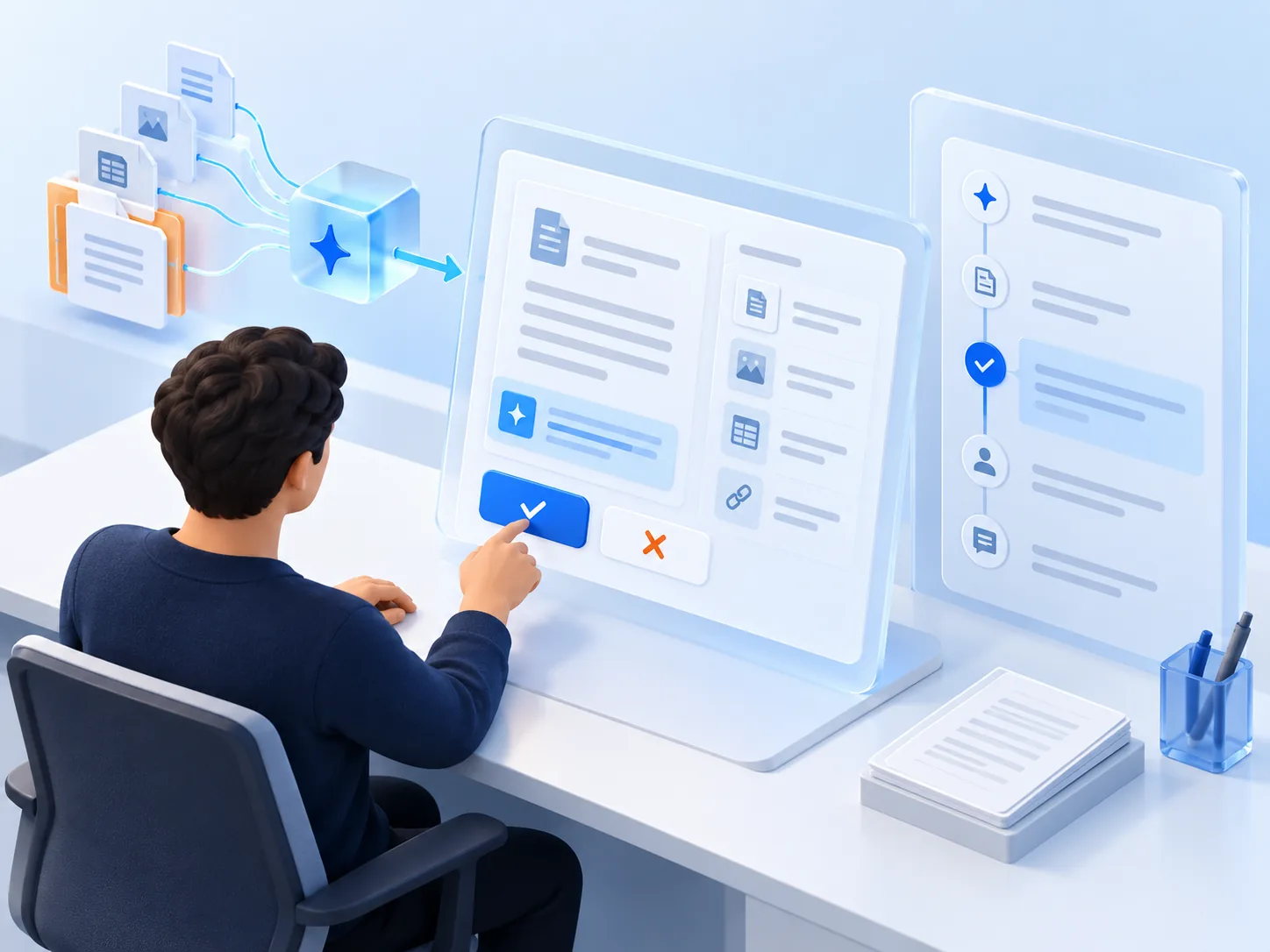 Conceptual illustration: A compact approval workbench where a human sees concise evidence, accepts or rejects an agent recommendation and leaves a reviewable audit trail.