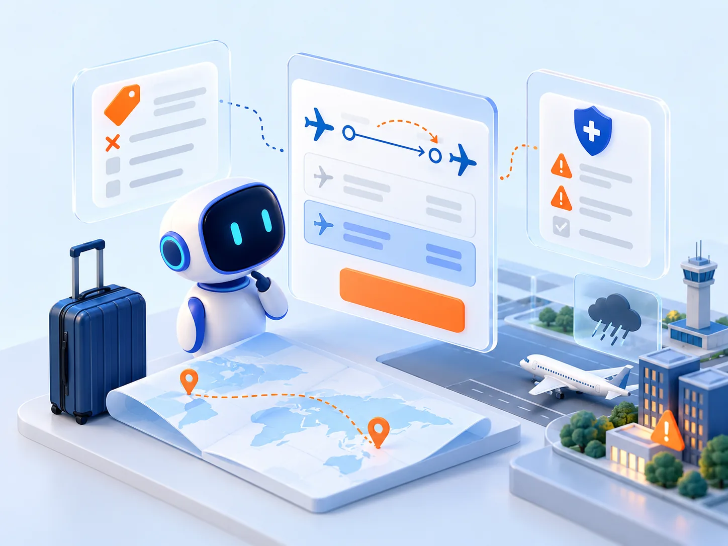 Conceptual illustration: A travel AI assistant facing uncertain fare rules and duty-of-care implications, with an obvious pause before an irreversible change.