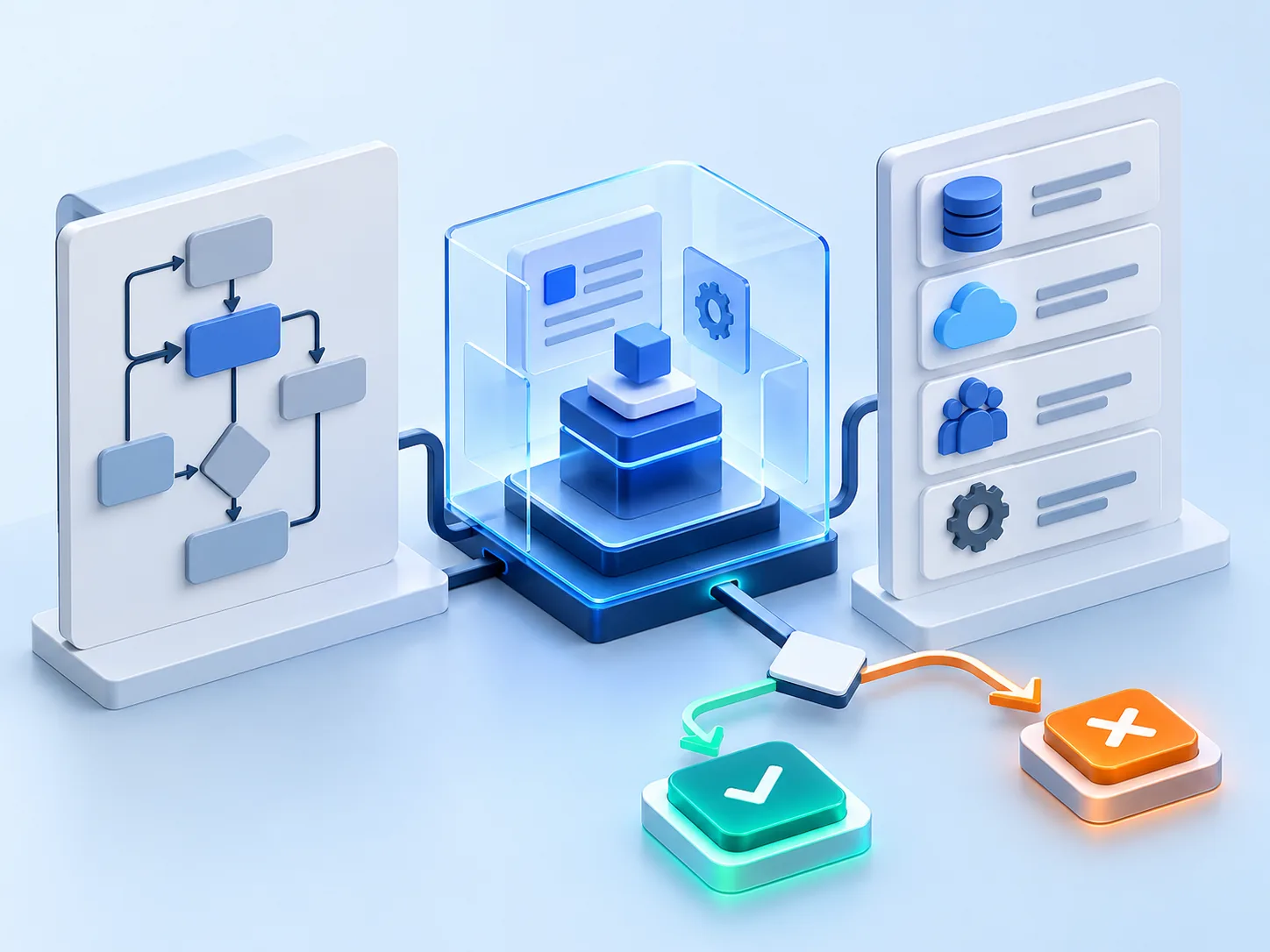 Conceptual illustration: A grounded AI business case with baseline process map, bounded use case, total delivery cost categories and a clear decision to proceed or stop, without numbers.