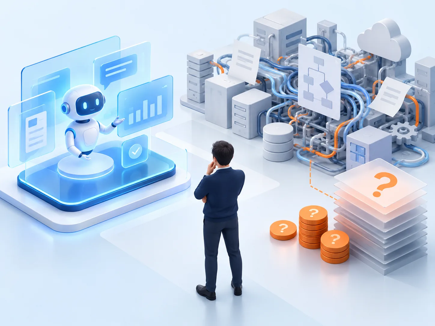 Conceptual illustration: A persuasive AI demonstration beside an undocumented operational process and unknown integration costs, making the investment case impossible to size.