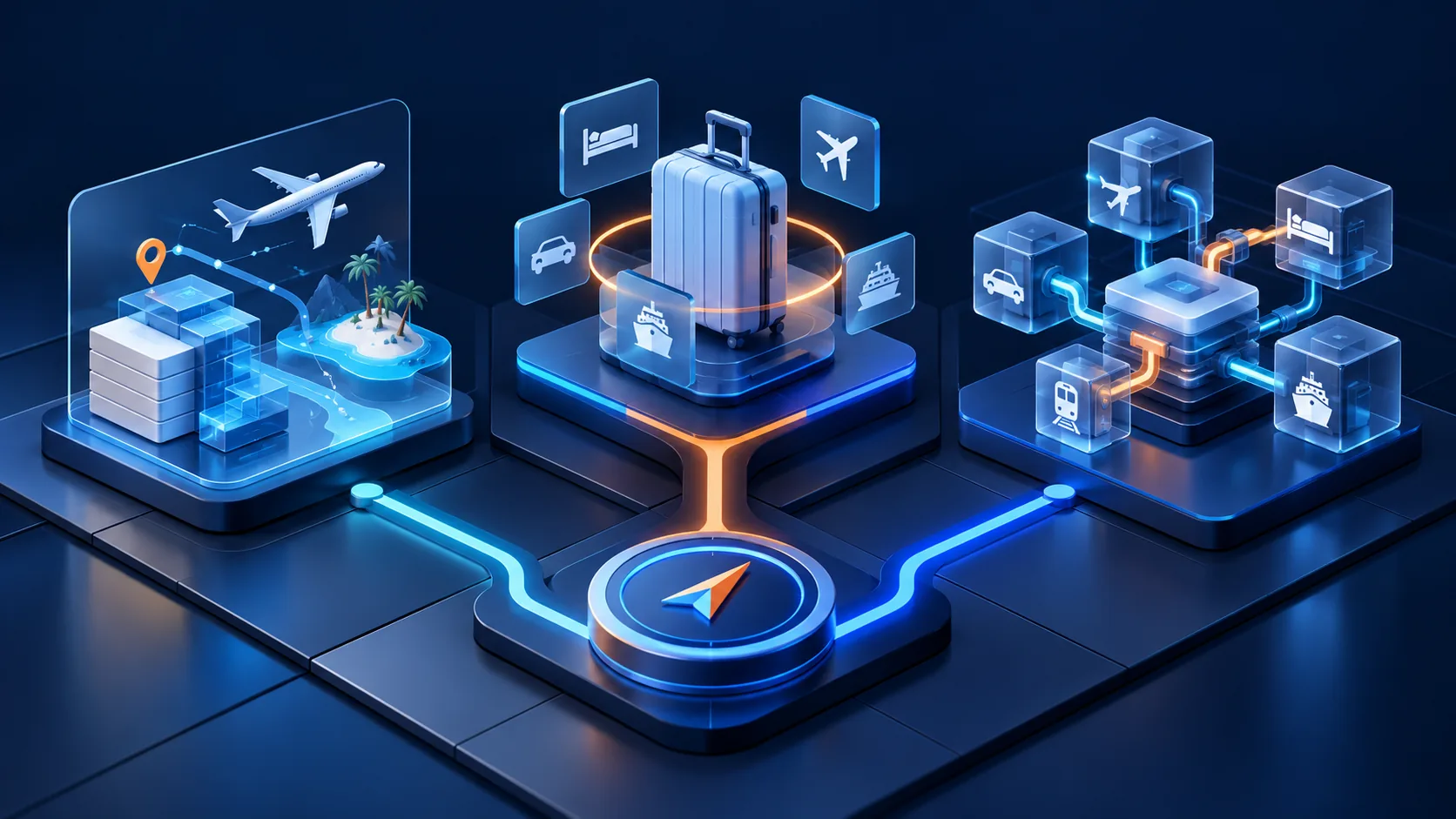 Conceptual illustration: Editorial decision studio comparing three legitimate travel-software paths: purpose-built product, commercial package and integration of existing systems.