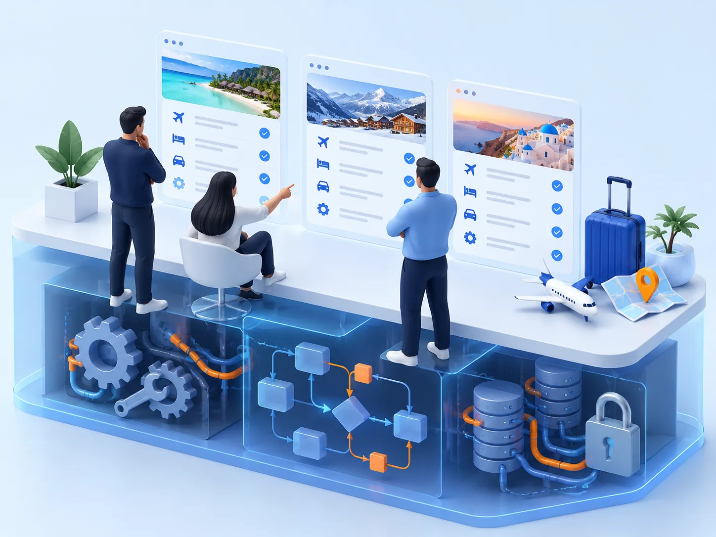 Conceptual illustration: A travel technology team comparing only upfront features while hidden lifecycle maintenance, unique workflow and switching cost remain out of view.