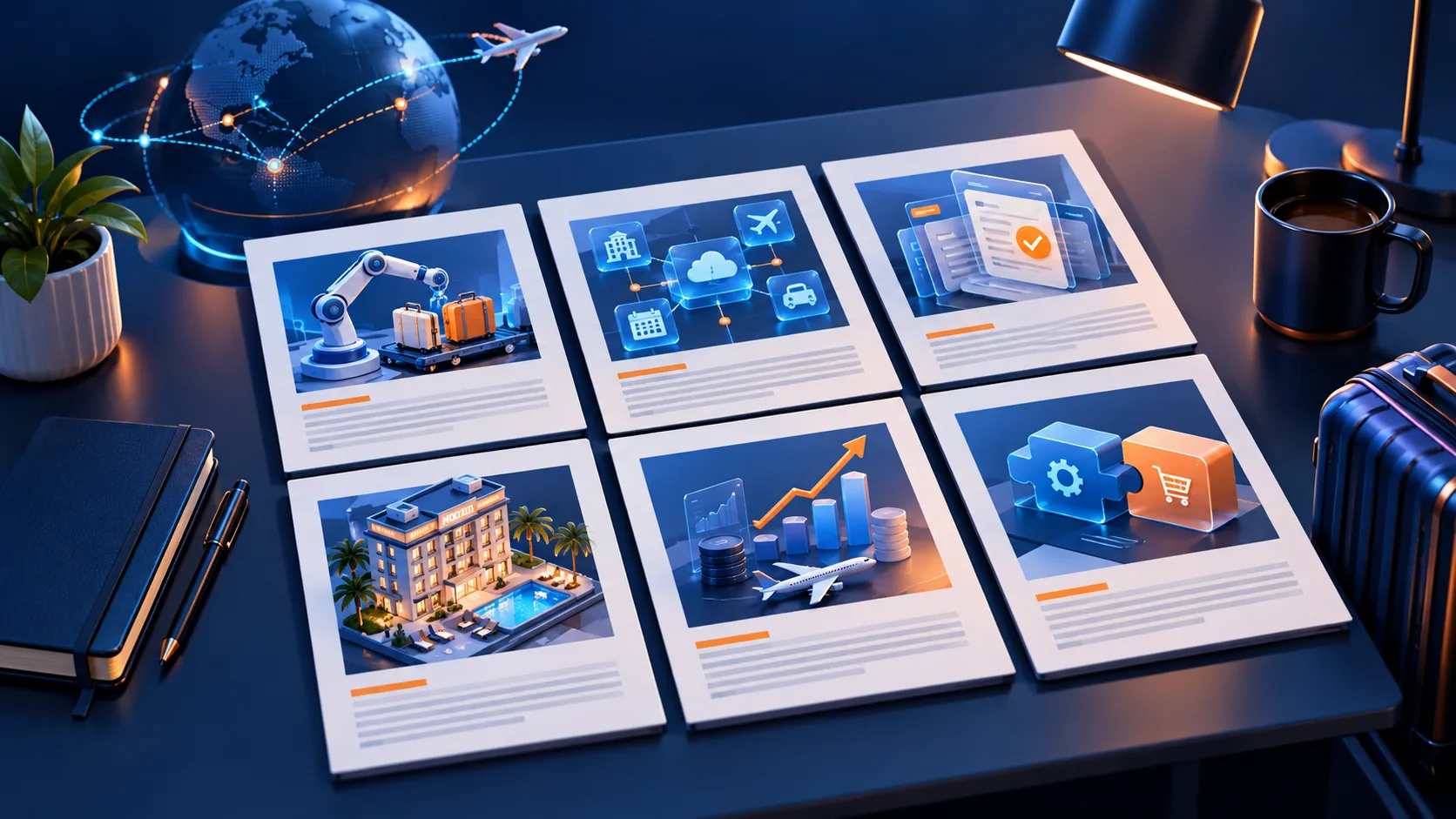 Conceptual illustration: An editorial reading desk about practical travel technology and applied AI, with six distinct conceptual article artifacts on automation, integrations, approvals, hotel operations, investment and build-buy decisions.