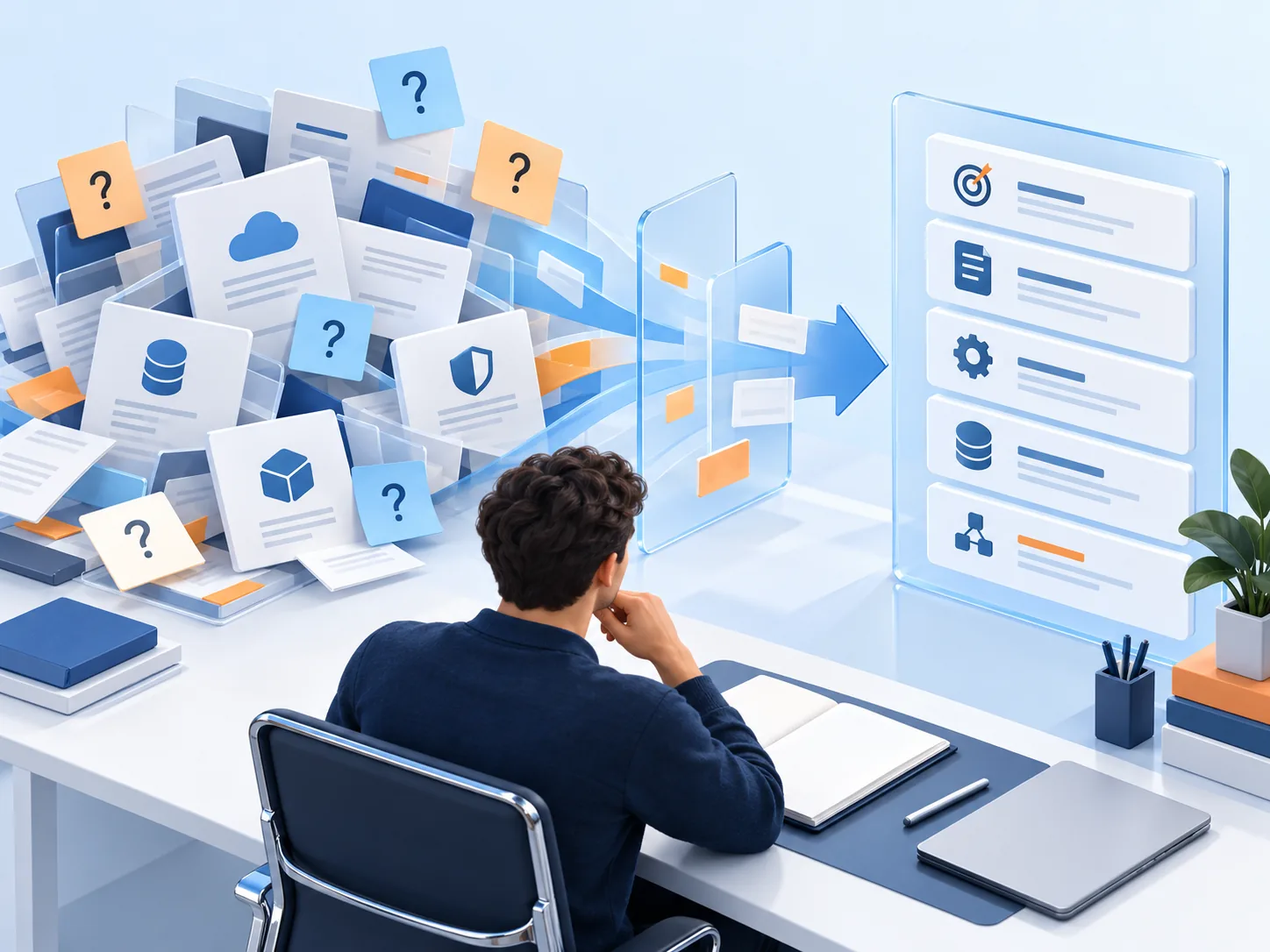 Conceptual illustration: A technology decision-maker sorting disconnected vendor claims and operational questions into a clear research agenda before committing to a build.