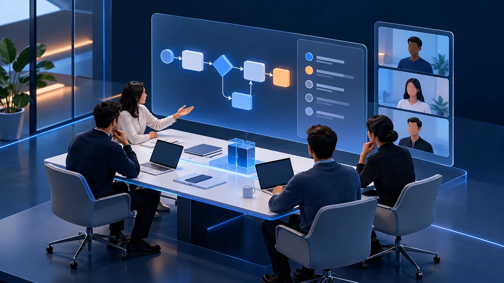 Conceptual illustration: A calm professional meeting setting where two teams can discuss a software workflow in person or remotely, with a simple agenda artifact and no event branding.