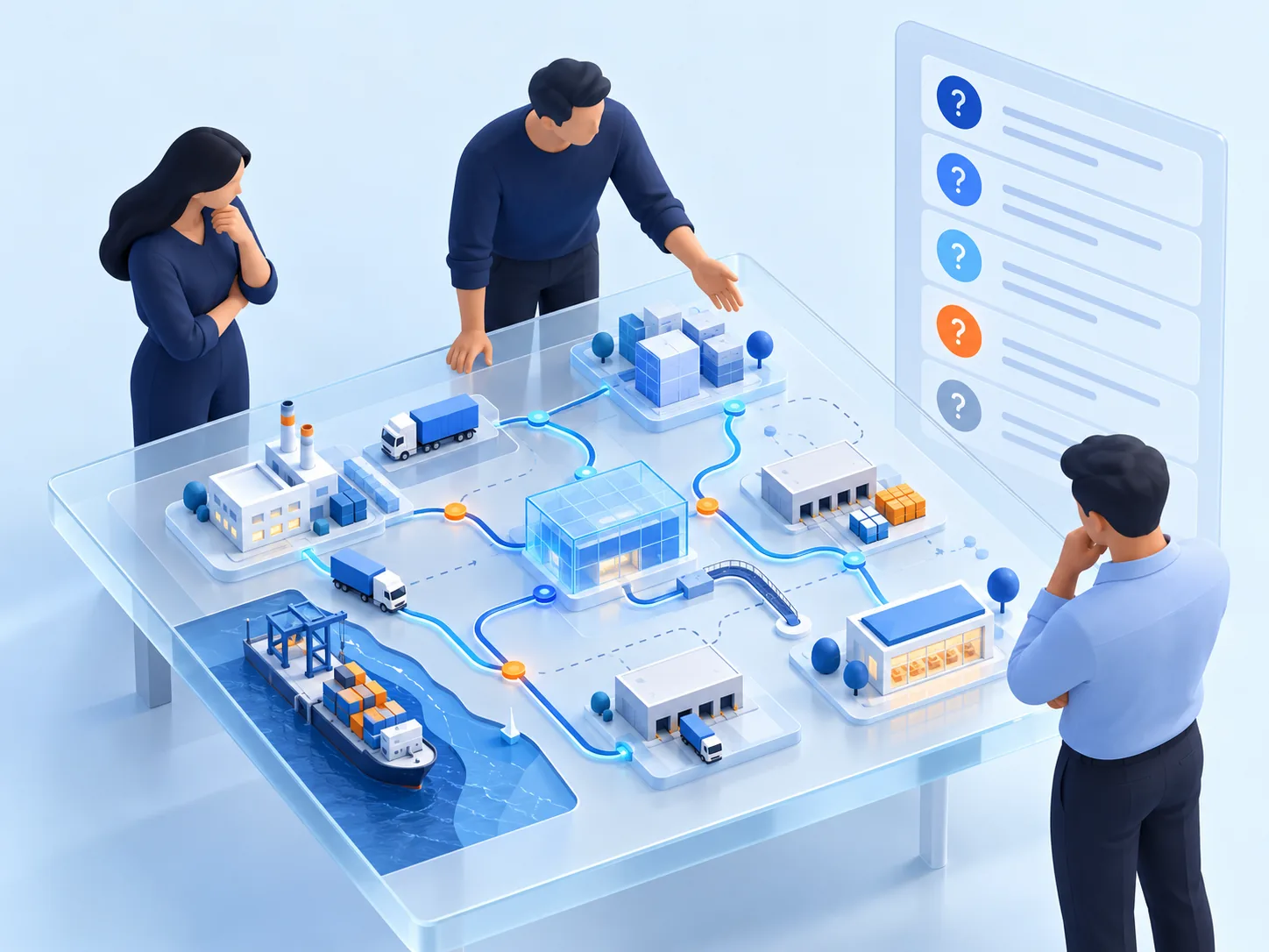 Conceptual illustration: One complex operational question brought to an exploratory meeting, represented by a system map and a clear list of unknowns rather than a sales pitch.