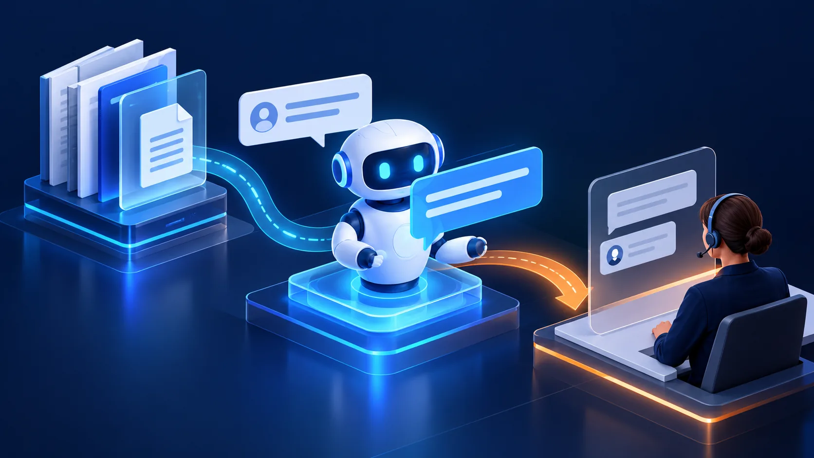 Conceptual illustration: A grounded enterprise chat assistant answering a customer query using an approved knowledge source and providing a human handoff path.