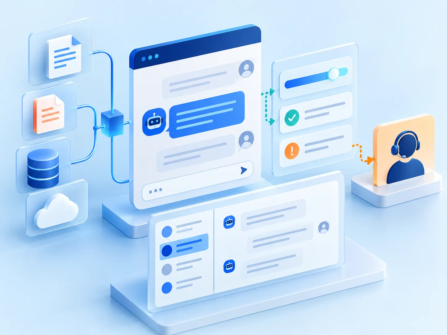 Conceptual illustration: A demonstrable chatbot product with retrieval source, answer confidence boundary, escalation control and conversation review, no fabricated answer text.