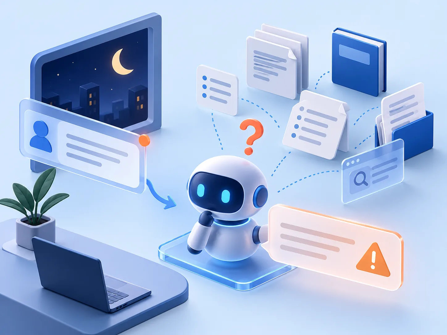Conceptual illustration: A customer question arriving after hours while help content is scattered and an ungrounded bot risks giving an unsupported answer.