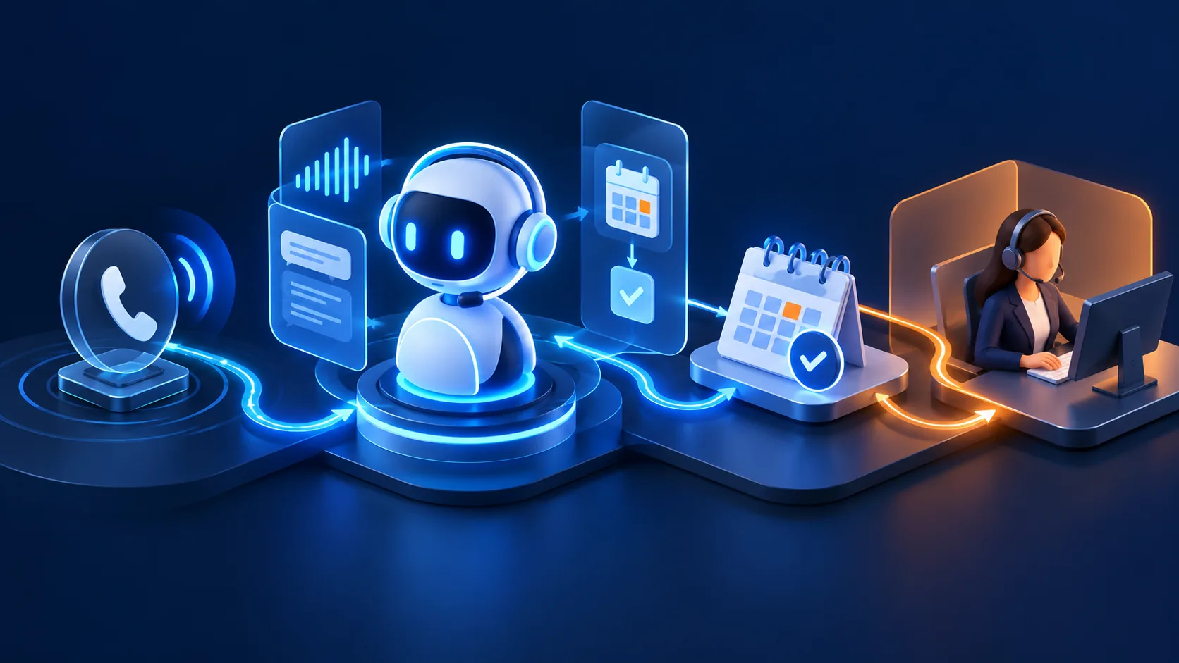 Conceptual illustration: An AI telephone receptionist receiving an incoming call, understanding the request, booking a routine appointment and handing a complex call to a human.