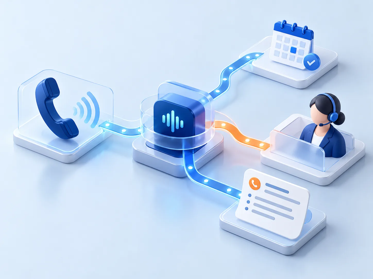 Conceptual illustration: A reception product showing call intake, appointment routing, escalation to human staff and reviewable call summaries without pretending to be a human.