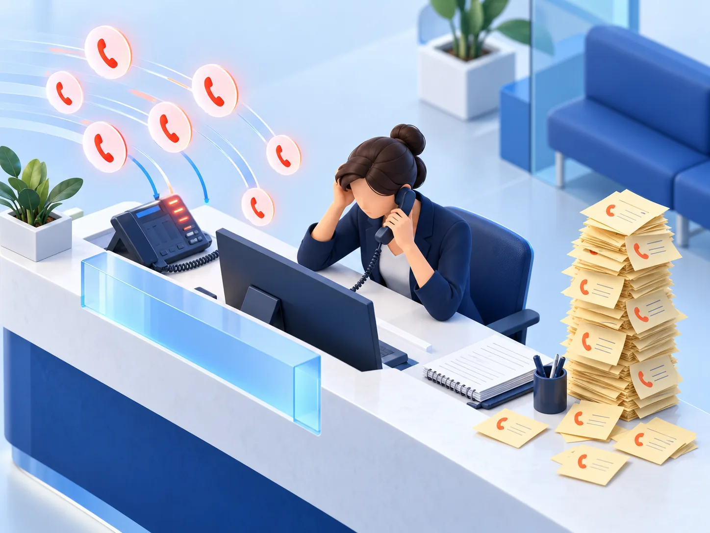 Conceptual illustration: Calls arriving during busy periods at a reception desk; missed first responses and manual callback notes accumulate.