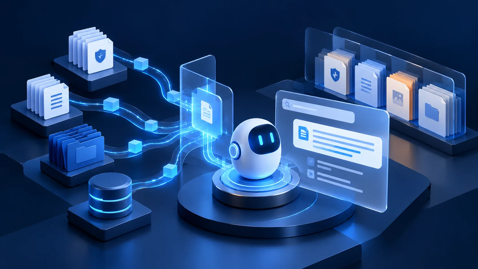 Conceptual illustration: An organisation knowledge assistant retrieving a grounded answer from governed policies and documents across a clean searchable workspace.