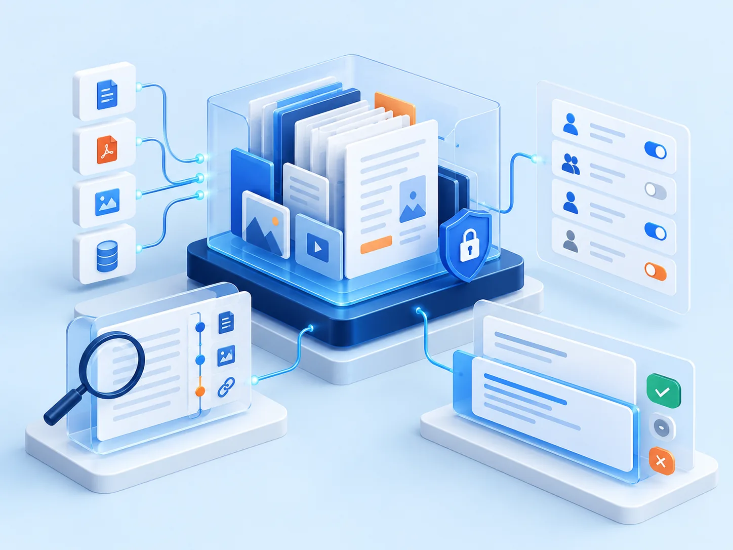 Conceptual illustration: A governed knowledge product with curated library, access permissions, source traceability and answer review controls.