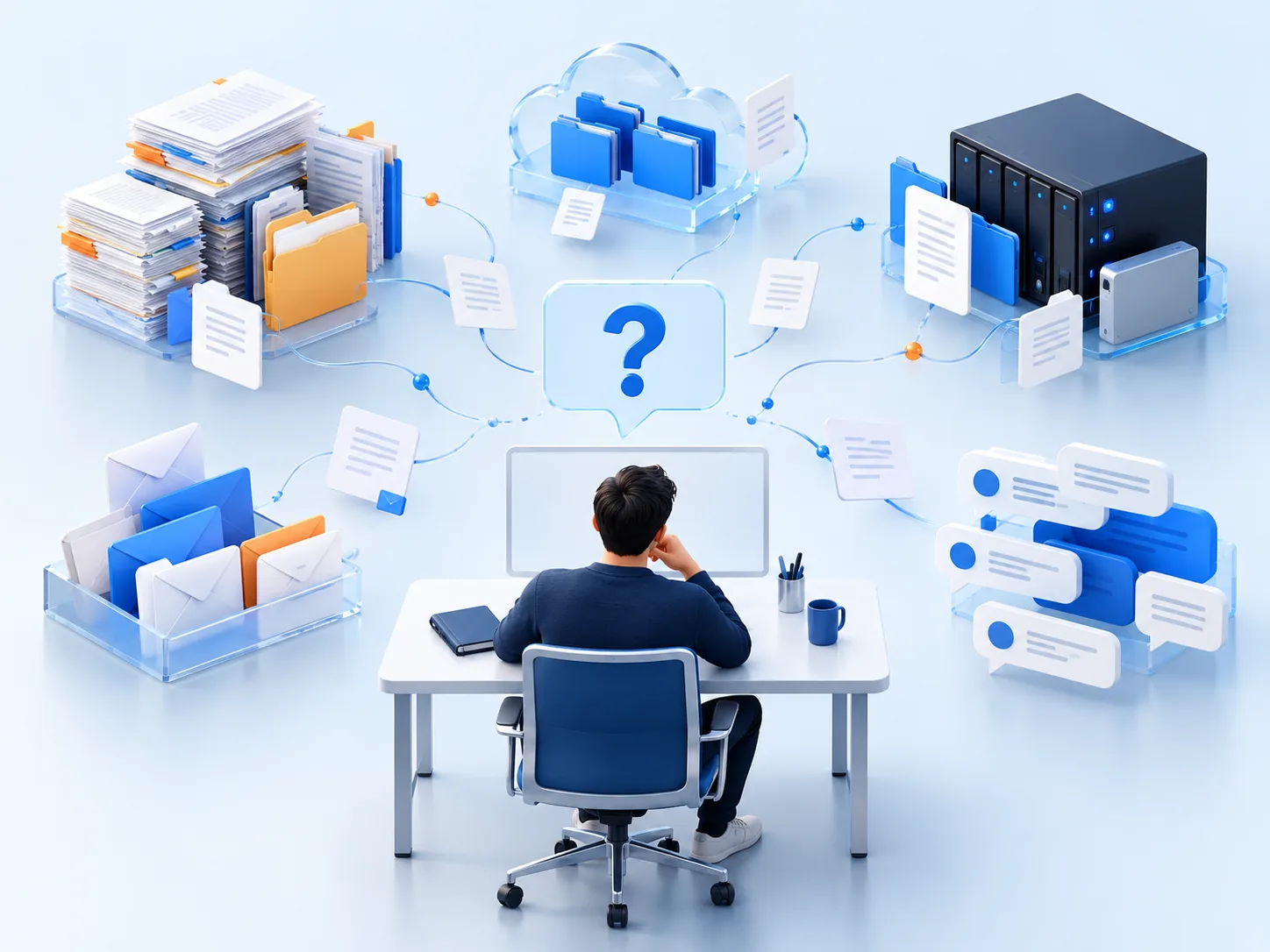 Conceptual illustration: Important company knowledge fragmented between files, shared drives and conversations, making a simple policy question difficult to answer reliably.