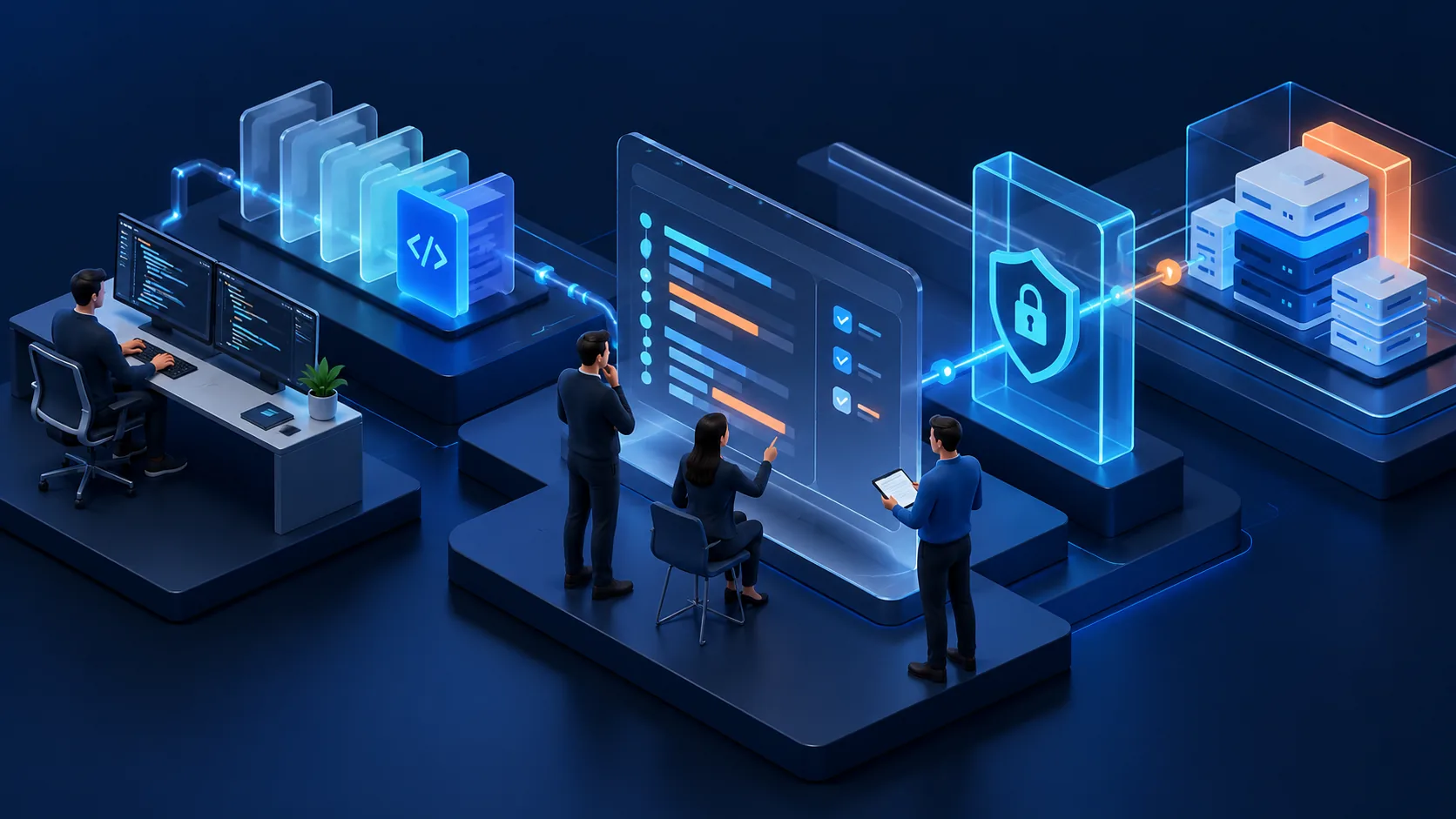 Conceptual illustration: Careful enterprise software delivery represented by controlled access, data boundaries, reviewable changes and human accountability around a real workflow.