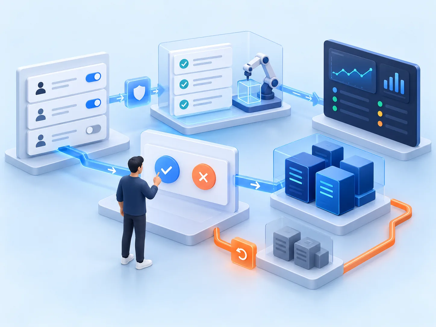 Conceptual illustration: A verification-ready delivery workspace with permissions, test evidence, monitoring, rollback plan and explicit human approval points, no certification badges.
