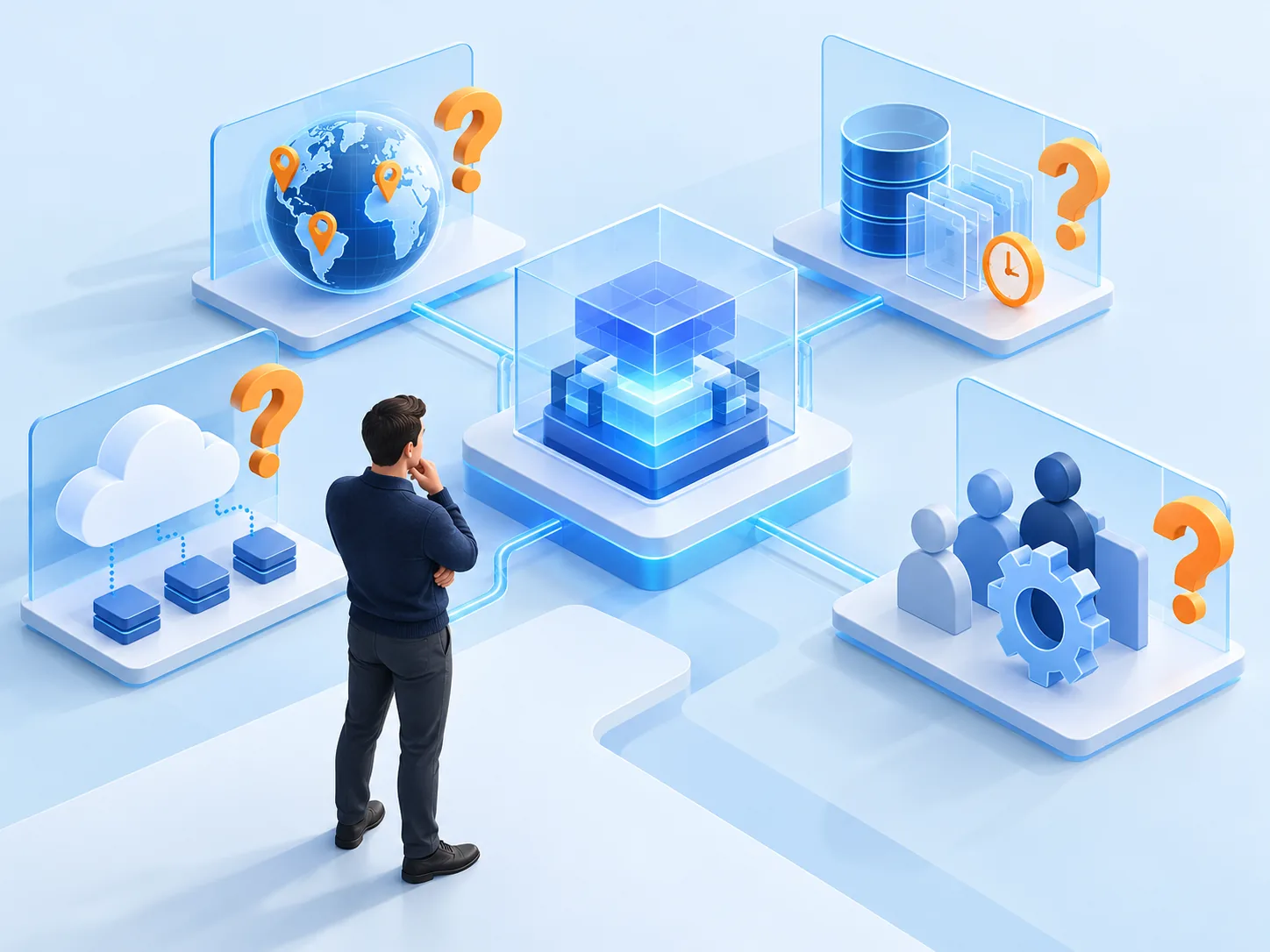Conceptual illustration: A buyer examining a proposed AI deployment with unanswered questions about data residency, retention, third-party access and operational ownership.