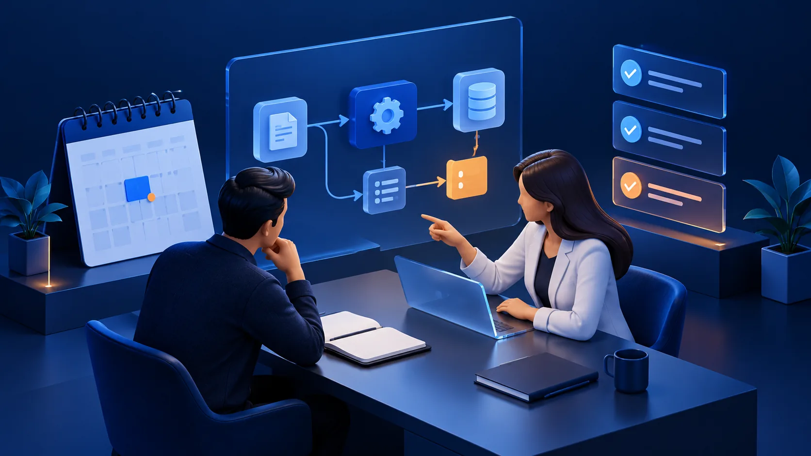 Conceptual illustration: A free thirty-minute strategy conversation about one operational workflow, with a calendar, system sketch and two professionals reviewing practical next steps, no sales-pressure imagery.