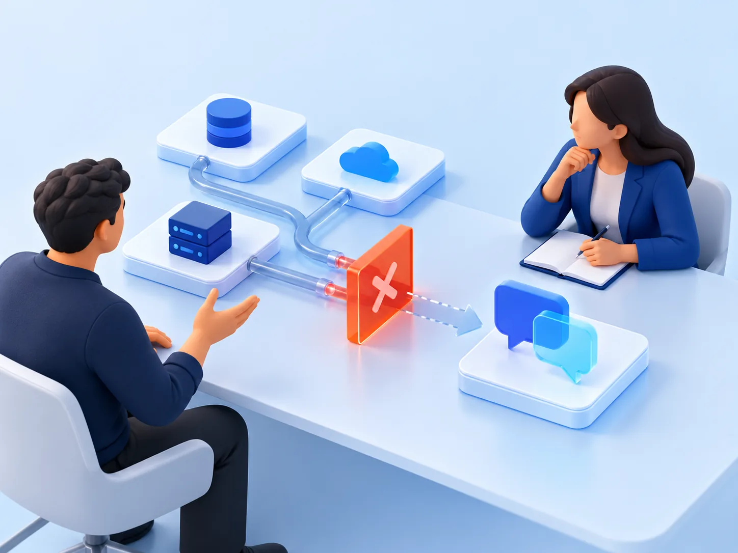 Conceptual illustration: A caller bringing one workflow problem, current systems and the blocking handoff to a short discovery conversation, without a large transformation presentation.