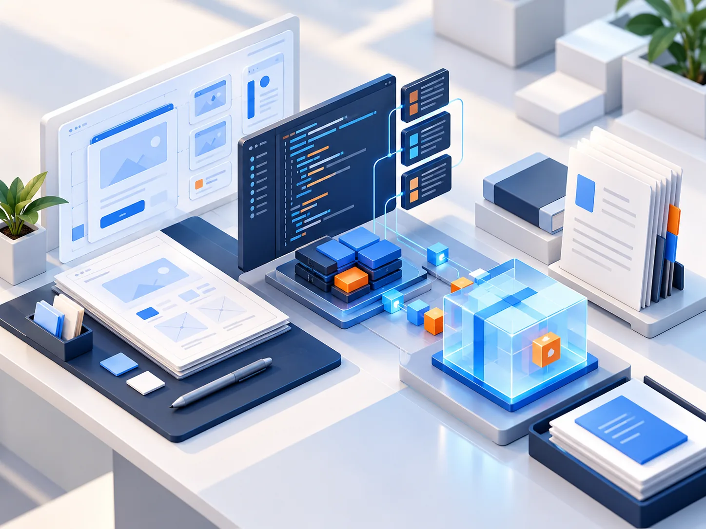 Conceptual illustration: A software delivery workbench with product design frames, code modules, tested release package and handover documentation; no portrait of supposed Appnox staff.