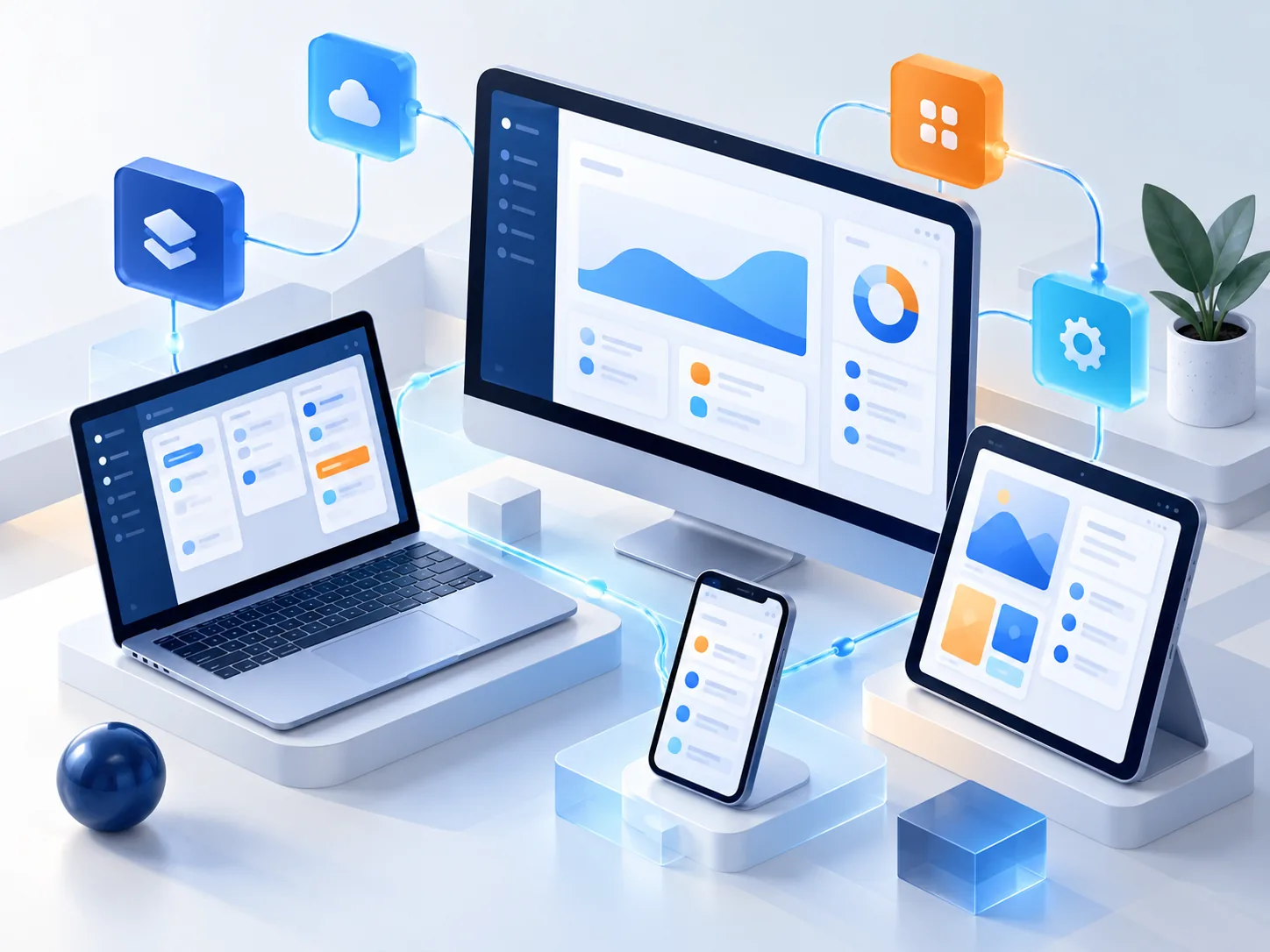 Conceptual illustration: A small portfolio of original software products represented by distinct connected app surfaces across desktop and mobile, with no brand names.