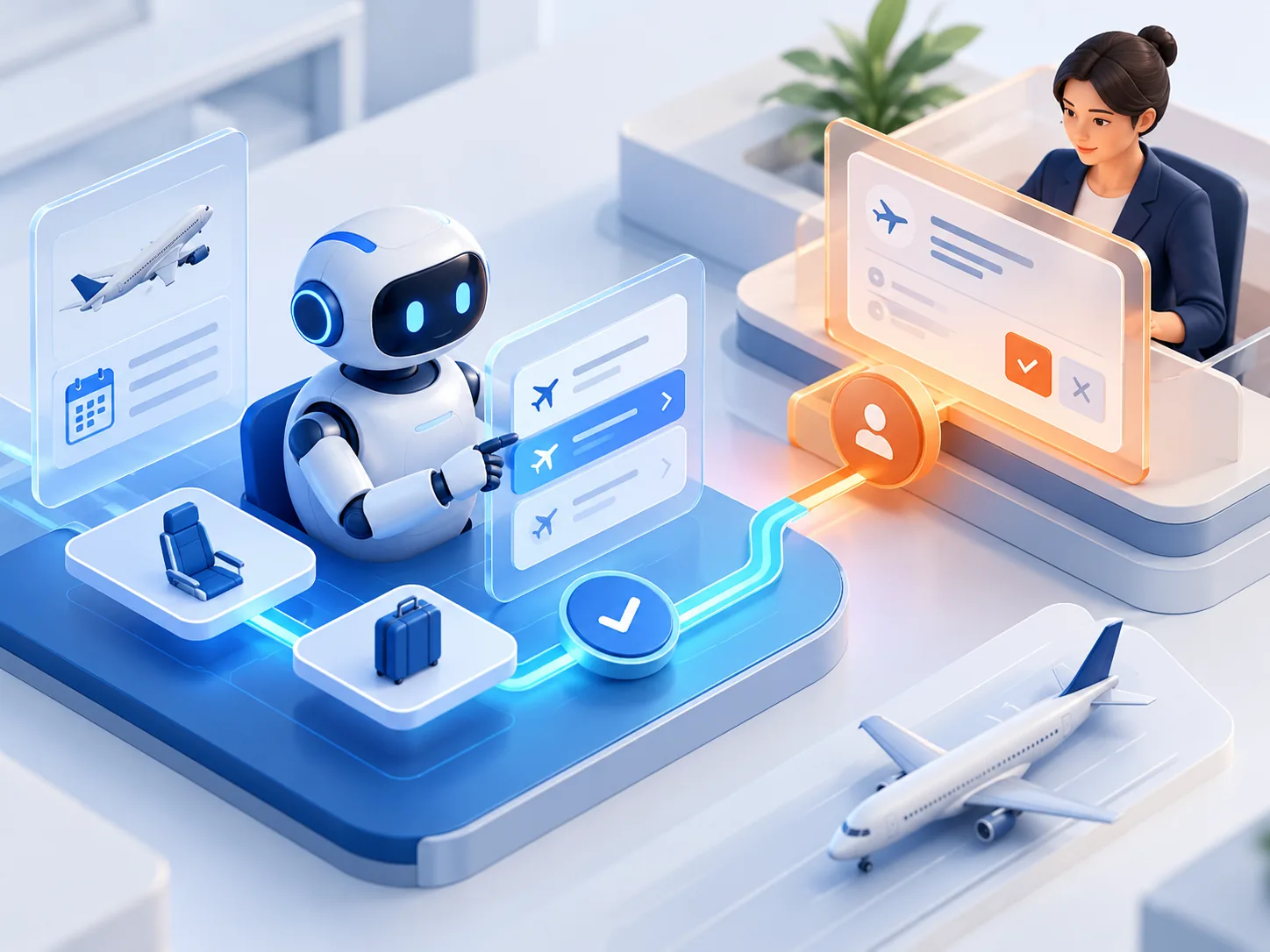 Conceptual illustration: A booking servicing agent handling a routine change inside permission boundaries, with escalation to a human approval gate.