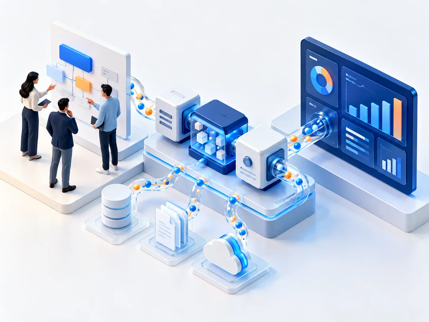 Conceptual illustration: Business definitions clarified first, reliable data pipelines built second, decision dashboard assembled last.