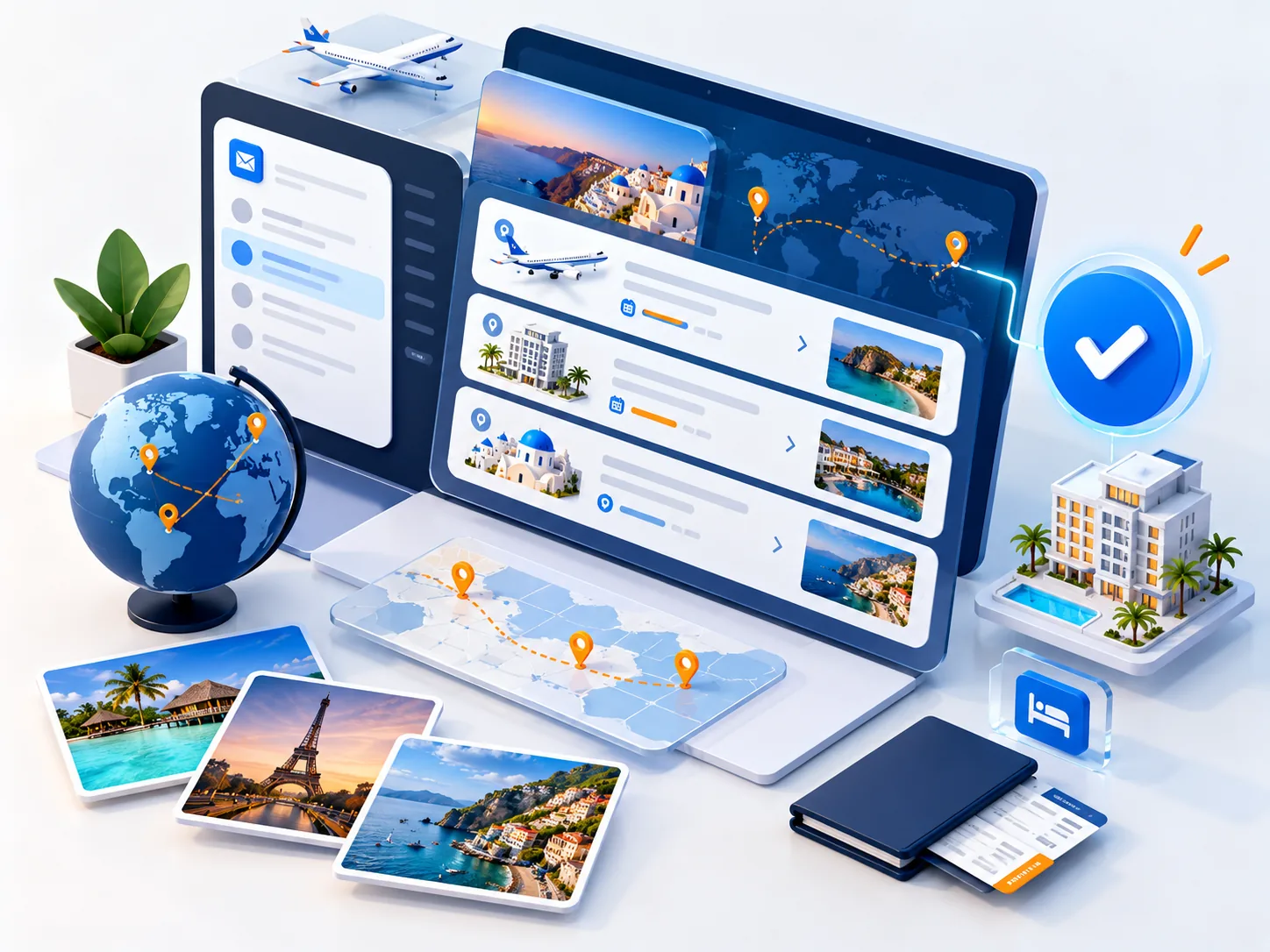 Conceptual illustration: A real travel enquiry becoming structured trip preferences and a reviewable itinerary with flight and hotel elements and a human approval checkpoint.