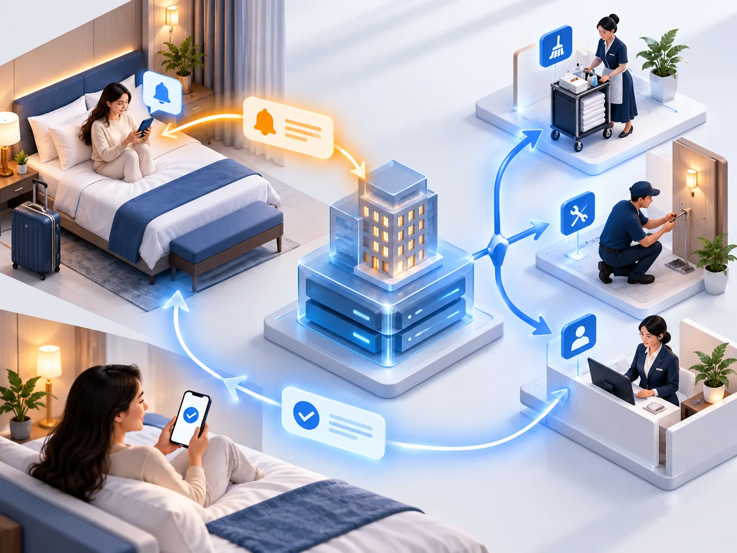 Conceptual illustration: Hotel guest request flowing from the property-management system to the right service team and a closed-loop guest update.