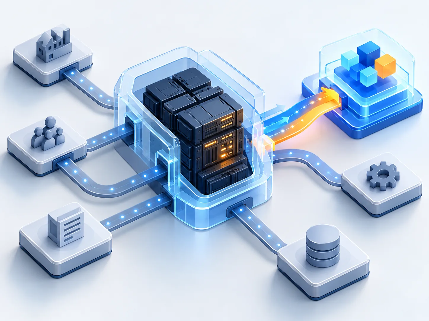 Conceptual illustration: A stable legacy core surrounded by a safe modern integration facade, gradually replacing one workflow while the rest continues running.