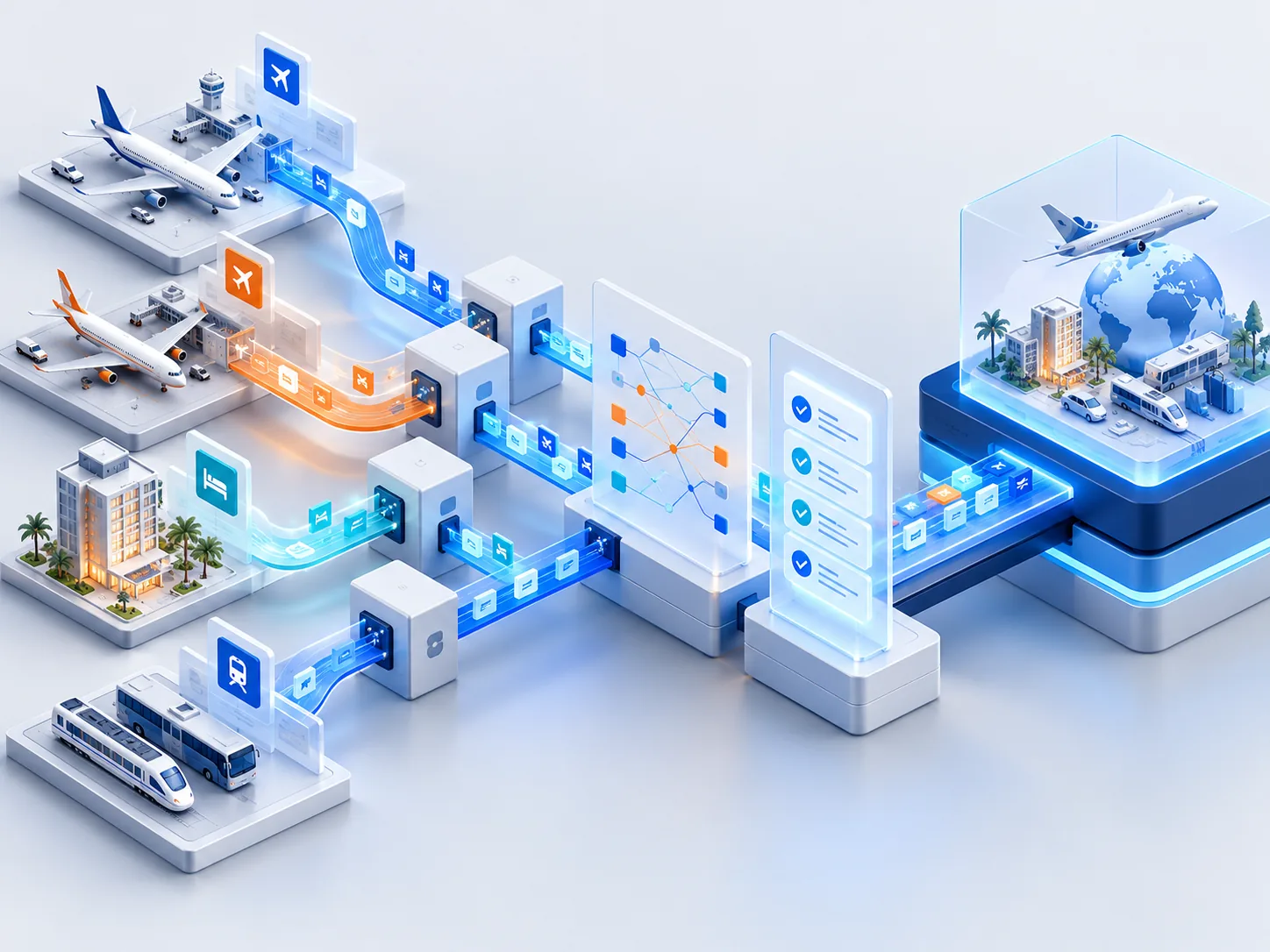 Conceptual illustration: Travel GDS and NDC supplier connections assessed through adapter gateways, data mapping and validation before platform integration.