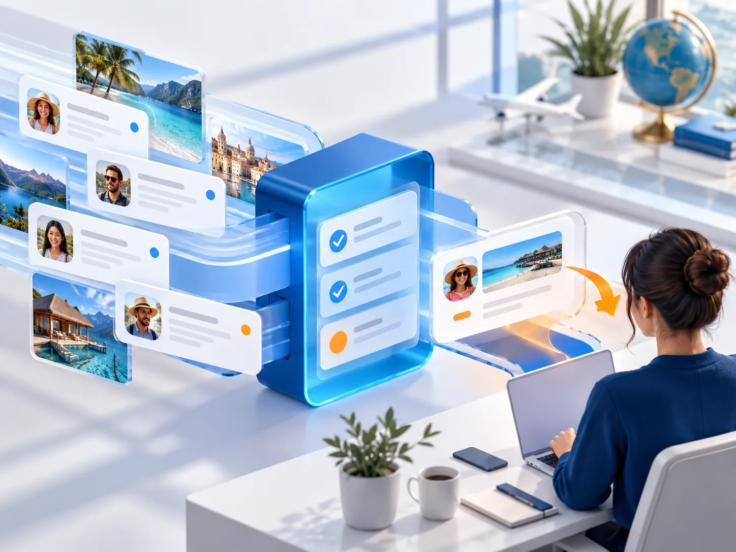 Conceptual illustration: Travel sales enquiries moving through qualification into a next action assigned to a visible human owner.