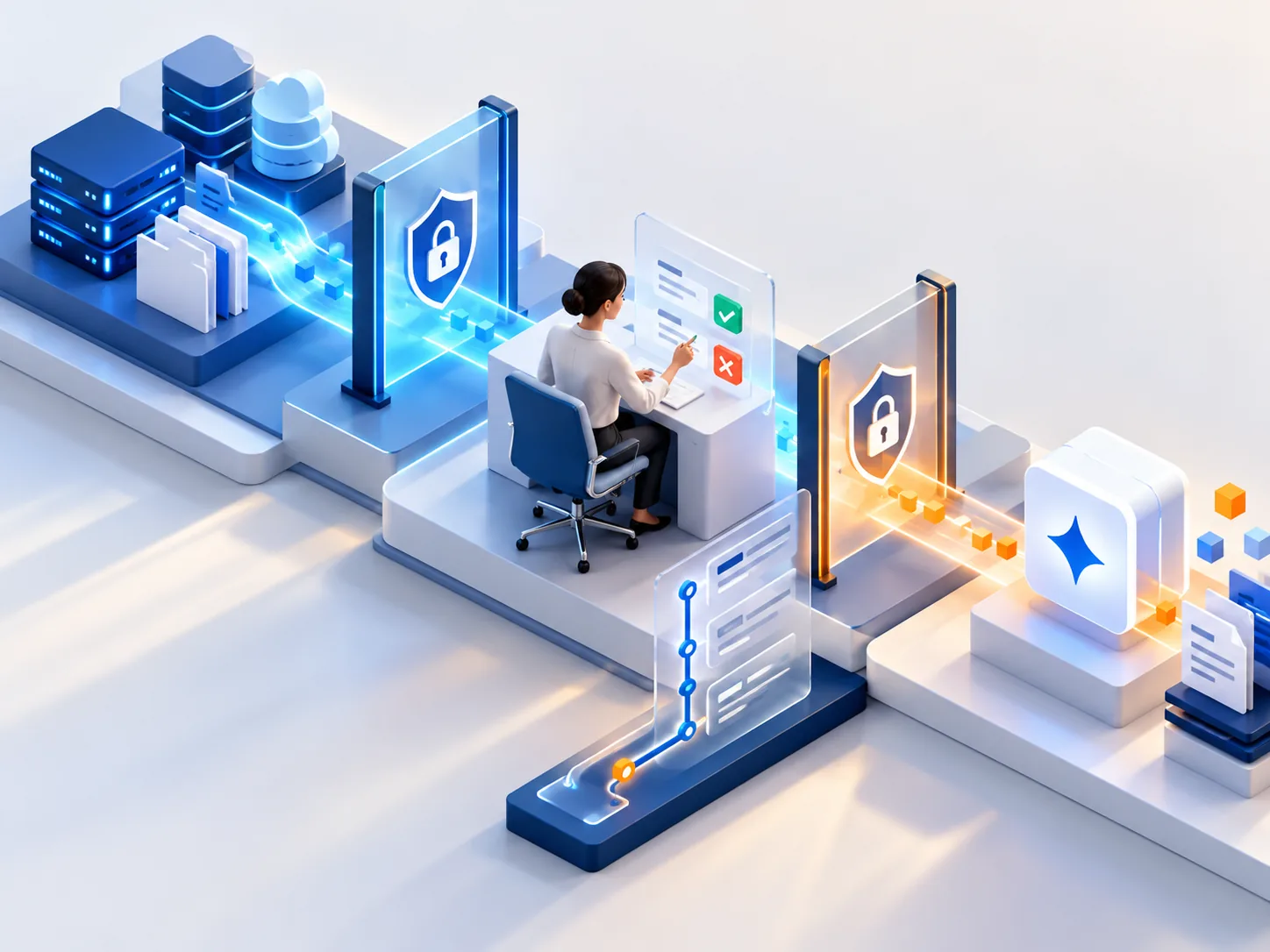 Conceptual illustration: A business workflow bounded by data-access gates, human approval checkpoint and audit trail before an AI action proceeds.