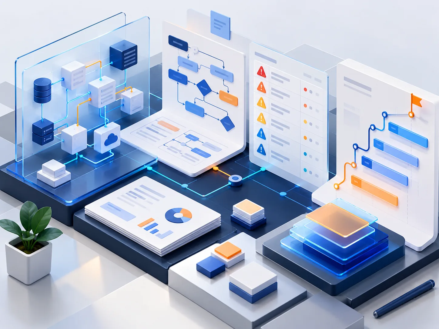 Conceptual illustration: A fixed-scope AI audit workbench: current-system map, workflow assessment, risk register and prioritised implementation roadmap as visual artifacts.